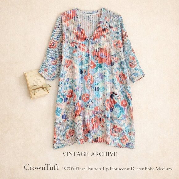 Vintage Dresses & Skirts - Vintage 1970s Floral Button-Up Housecoat Duster Robe Medium